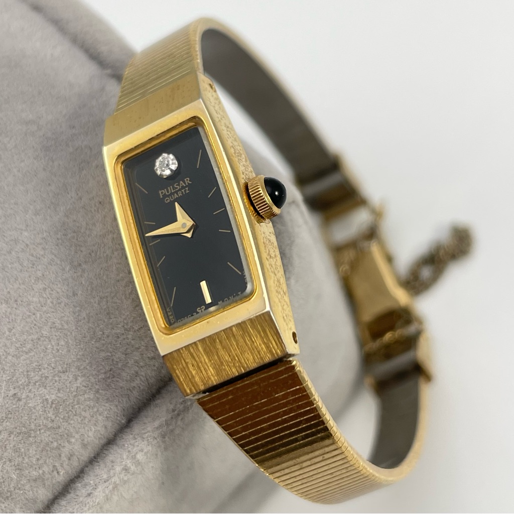 Vintage Pulsar Goldplated Women’s Watch Black Dial Diamond Accent “New Battery”